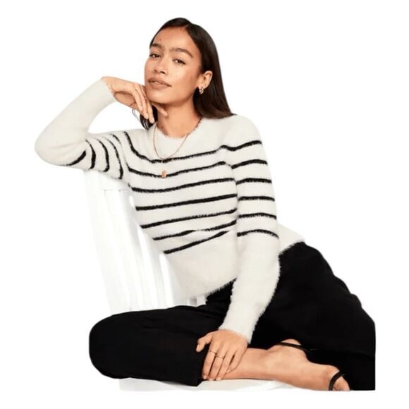 Old Navy Breton Stripe Eyelash Party Sweater White Black Fuzzy Knit Crewneck XXL - Picture 1 of 9